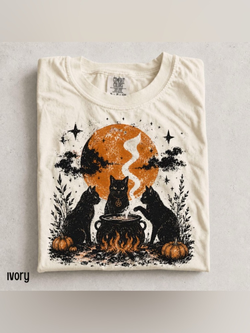 Comfort Colors Cream Tee with Black Cats & Orange Moon Graphic
